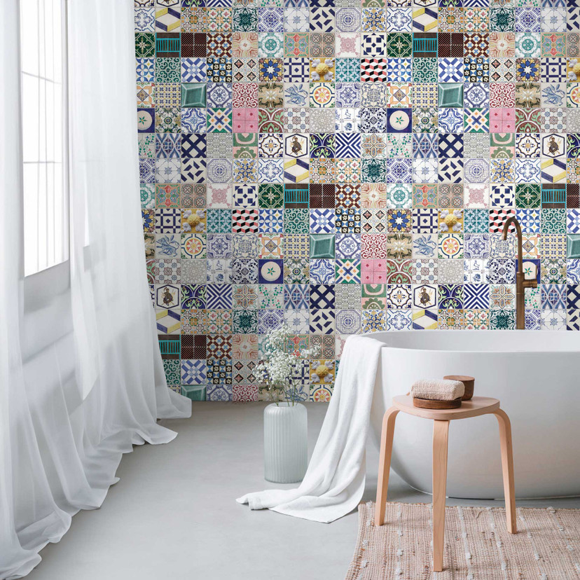 Papier peint patchwork multicolore aspect carrelage - papier peint méditerranéen - papier peint inti