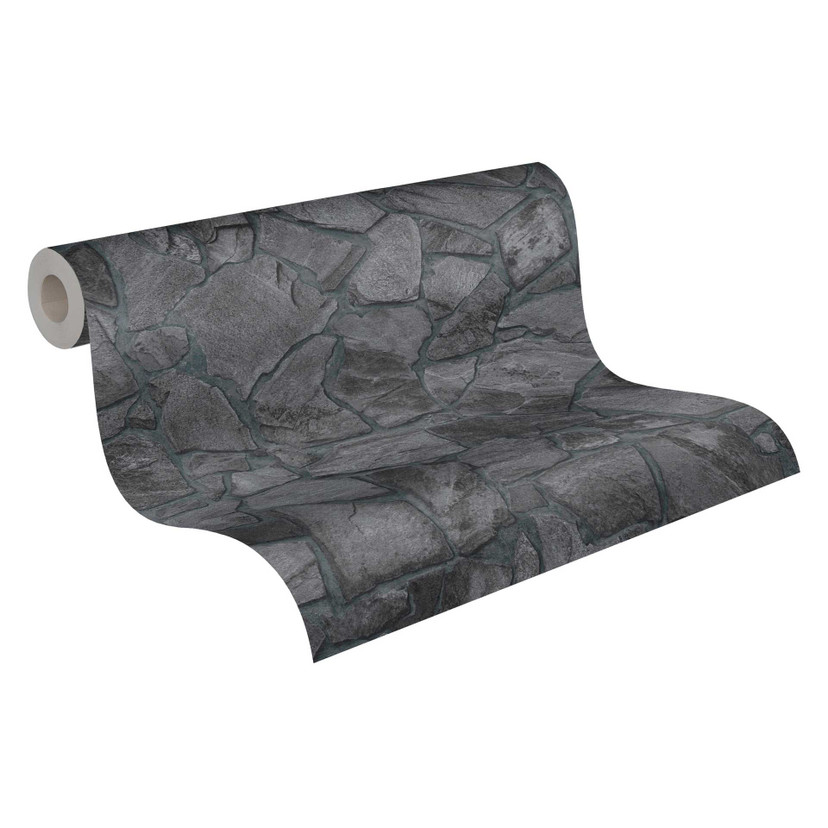 Stentapet grå sort - steneffekt tapet - non-woven tapet køkken spisestue