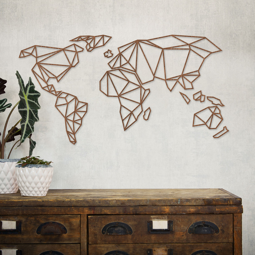 mapa świata 3D origami wykonana z drewna - mahoń