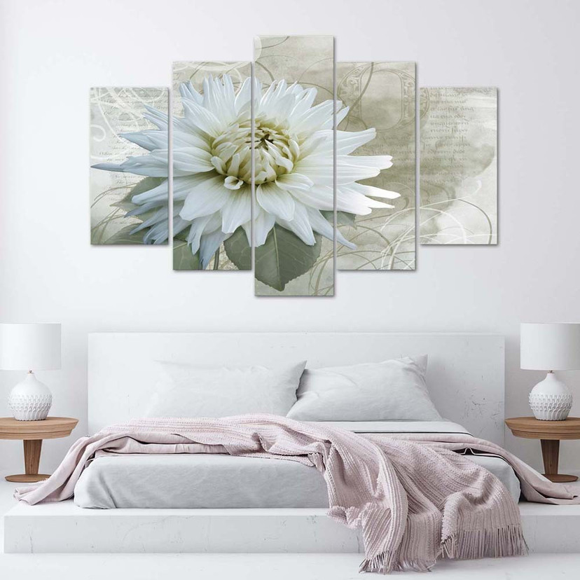 5 stykke lærredsprint hvid blomst beige vintage
