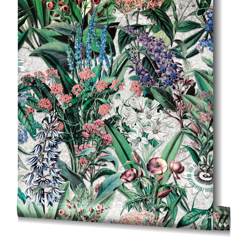 Tapet, non-woven blomstertapet Flora grå, grøn