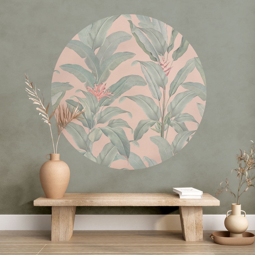 Muursticker Urban Jungle Tropical Leaves Roze - Bloemdecor - Rond