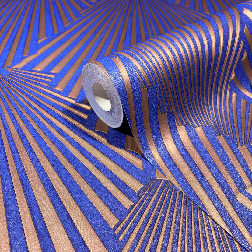 Tapeta z włókniny o wyglądzie 3D, geometryczna grafika w paski w kolorze niebieskim
