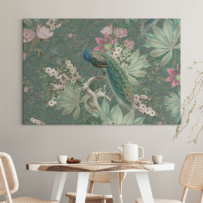 Tableau sur toile Paon dans un jardin tropical sur mosaïque - Bloomery Decor