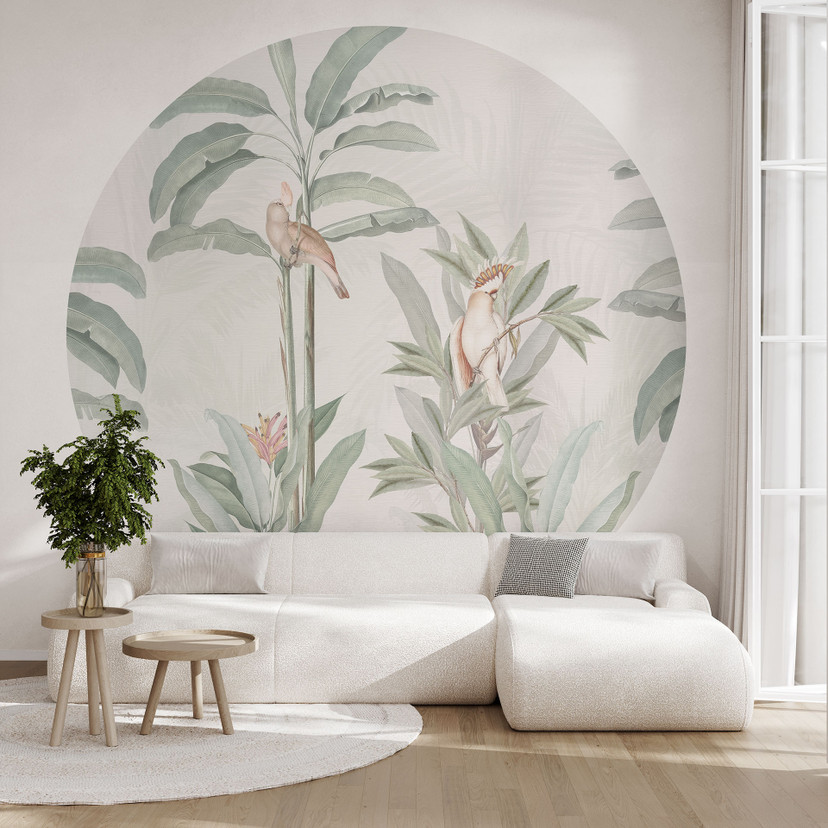 Papier peint photo forêt tropicale avec cacatoès - Bloomery Decor - rond - adhésif/non tissé
