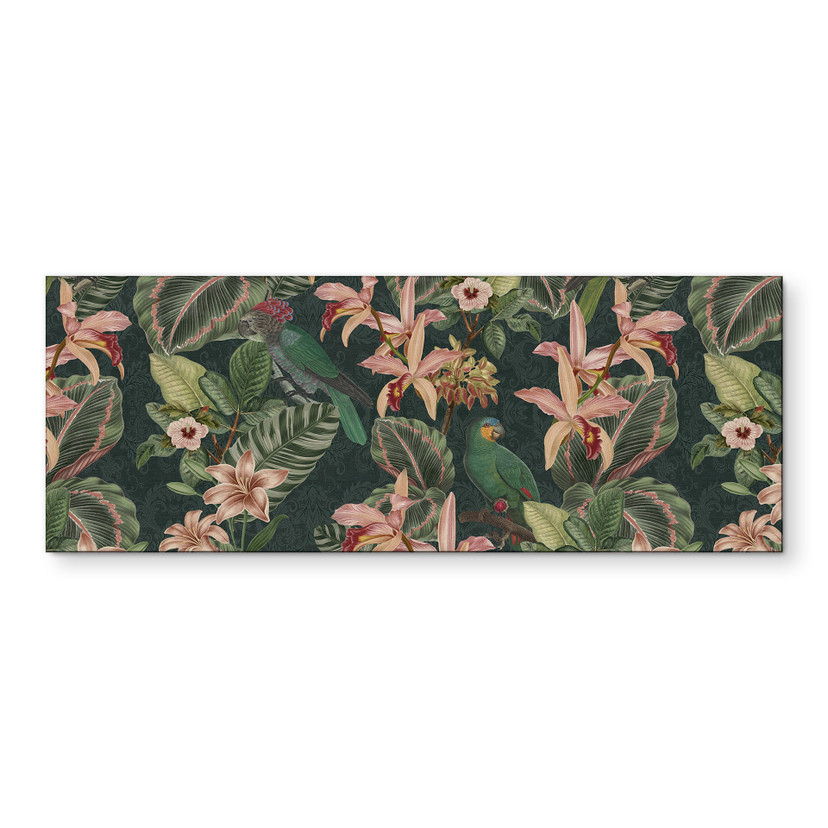 Wanddecoratie jungle met papegaaien nachtgroen - Bloomery Decor - Aluminium dibond panorama