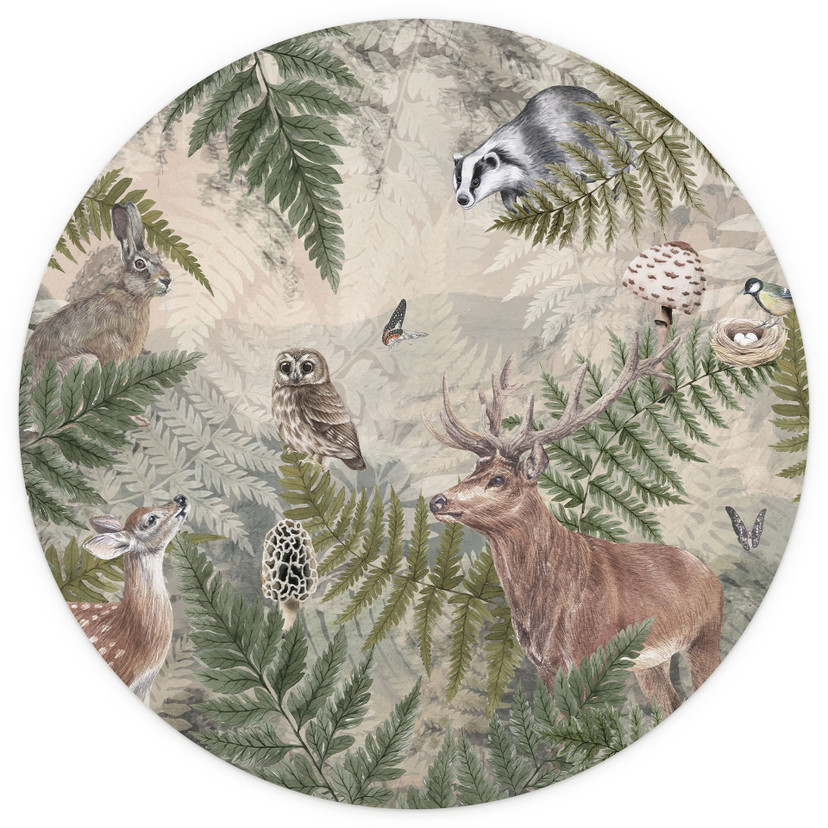 Kinder-Fototapete Waldtiere zwischen Farn und Blättern - Ms Tiff - Rund - Selbstklebend/Vlies