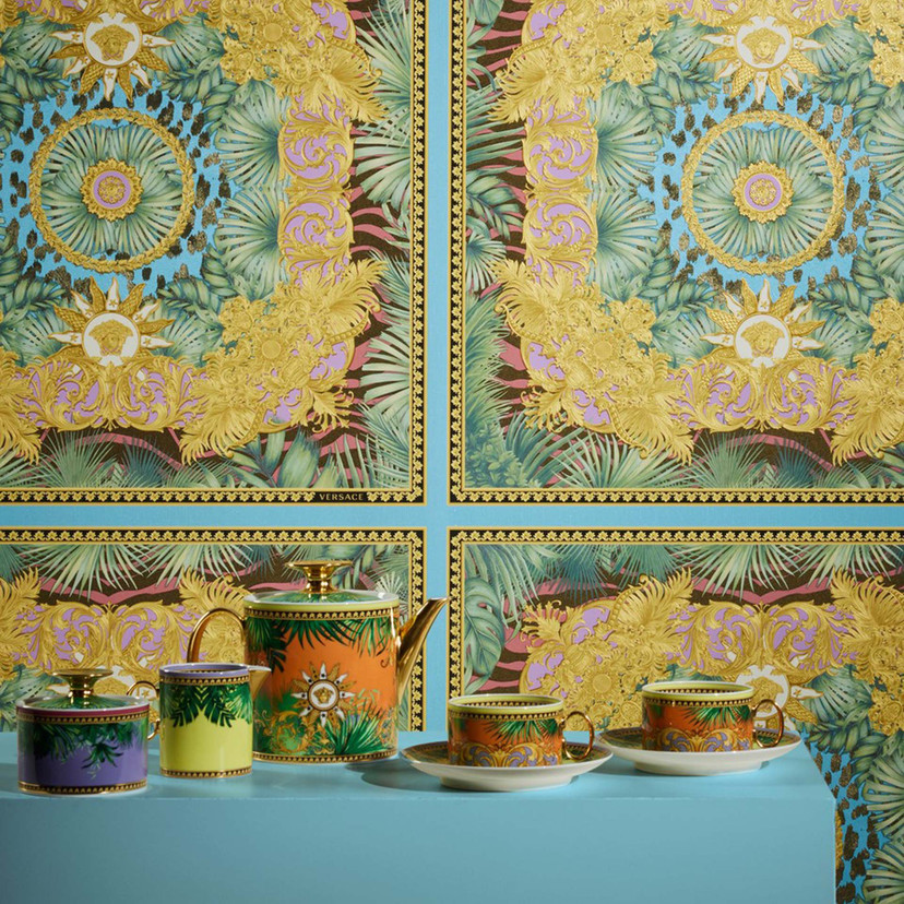 Versace Home tapeta dżungla zielone złoto luksusowa designerska tapeta z włókniny liście palmy
