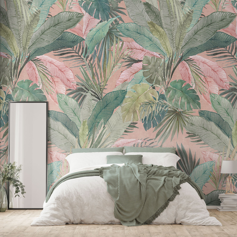 Fototapeta tropikalne liście w dżungli różowa - Bloomery Decor