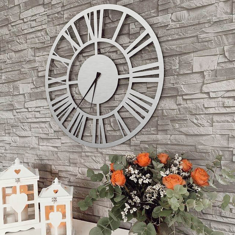 Horloge murale XXL en Alu-Dibond - Argentée- Classique - Ø 70 cm