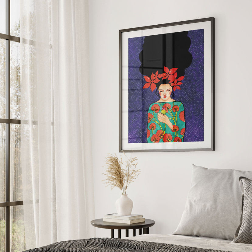 Poster Porträt - Frau mit roter Blütenkrone und Vogel - Hülya