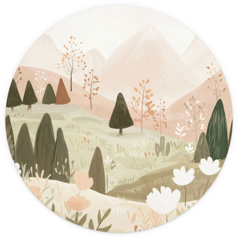 Papier peint photo Paysage de montagne pastel avec fleurs - Treechild - rond - adhésif/non tissé