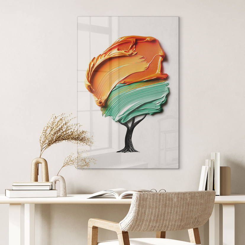 Glasbillede - Træ med orange og grøn 3D-krone - Mielu