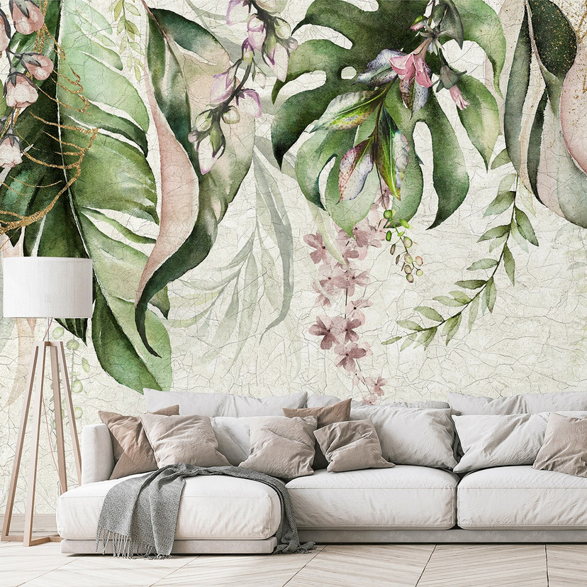 Papier peint photo motifs aquarelle feuilles de jungle avec fleurs délicates 3,4 x 2,65 m