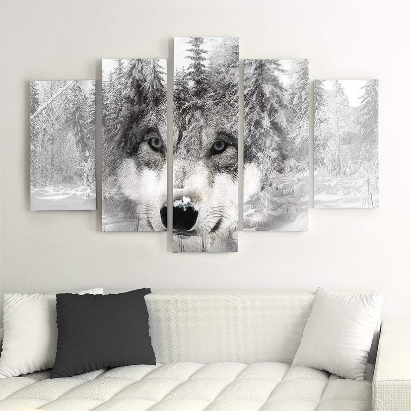 5 stykke lærredsprint, Wolf Forest Animal Grey