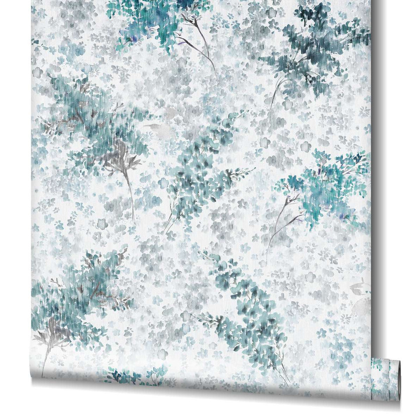 Tapet med mønster, non-woven blomstertapet Flora grå, turkis
