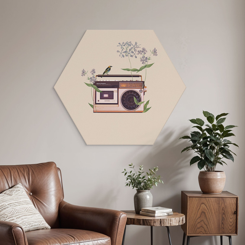 Hexagon-Wandbild Retro Radio floral - Frida Floral Studio - Alu-Dibond