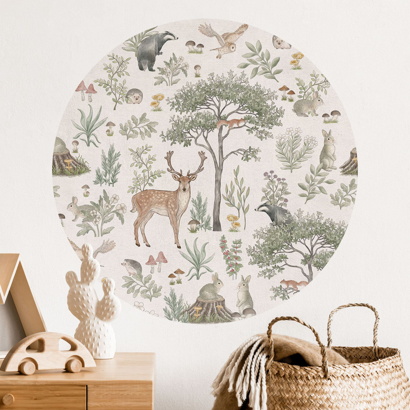 Wandtattoo Bezaubernder Wald mit Tieren - Vintage creme - Kikki Belle - Rund