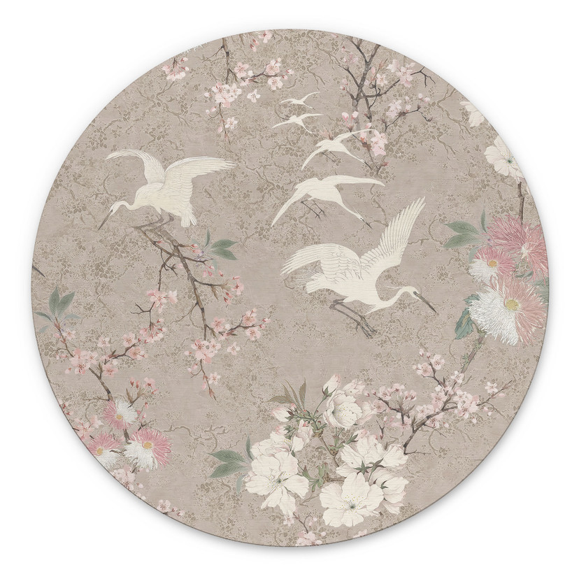 Billede af kraner i en kirsebærblomst Rush Beige - Bloomery Decor - rund – print på aluminium