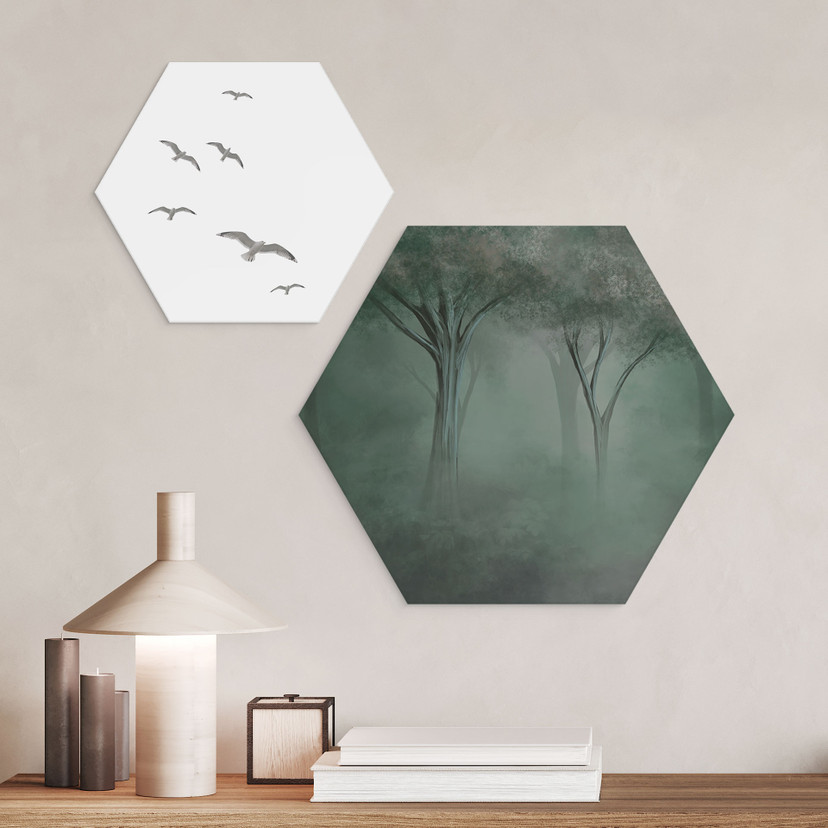 Wanddecoratie bos magie in de ochtendmist groen - Ms Tiff - Alu-Dibond