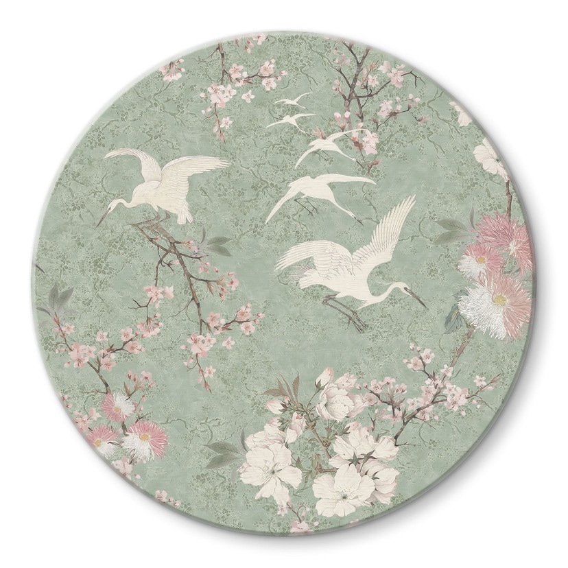 Glasschilderijen Kraanvogels in Kersenbloesem Rush Green - Bloemdecor - Rond