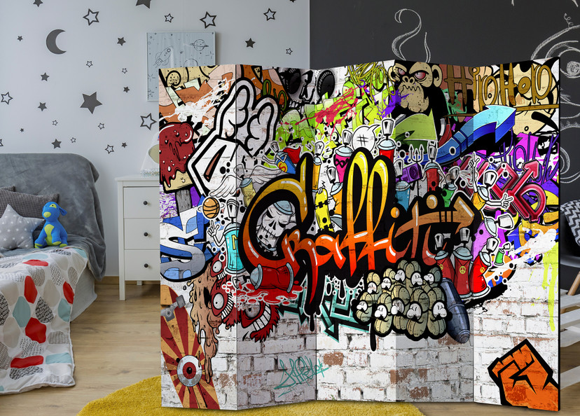 Rumdeler med skærm - Farverig graffiti, 5-delt - 225x172 cm