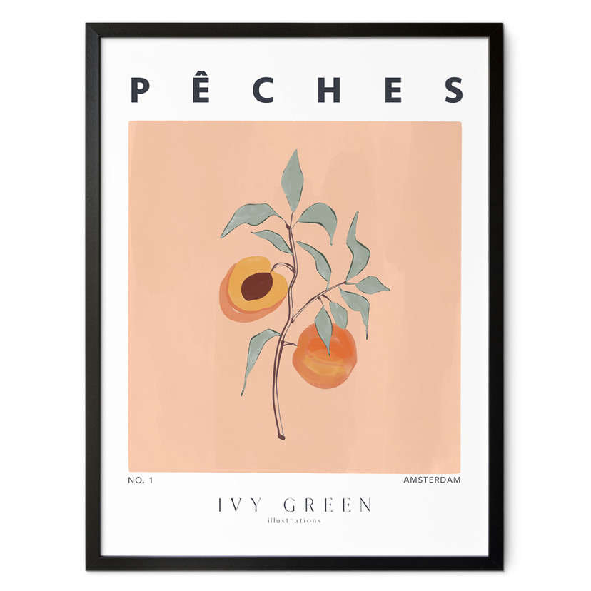 Plakat Soczyste Brzoskwinie - Ilustracja w kolorze zielonego bluszczu