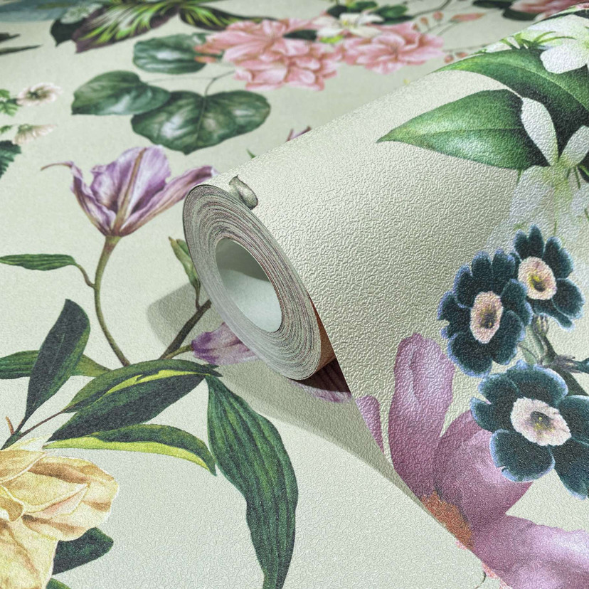 Tapet, non-woven blomstertapet Flora beige, pink
