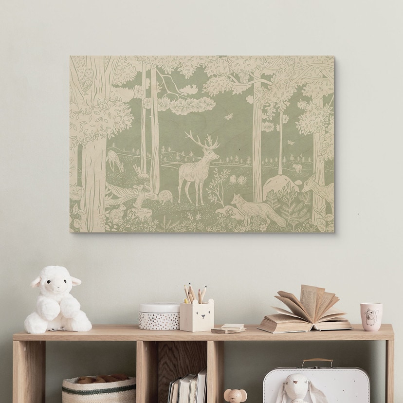 Plakat drewniany leśna idylla w zieleni - oaza dla dzikich zwierząt - Kikki Belle