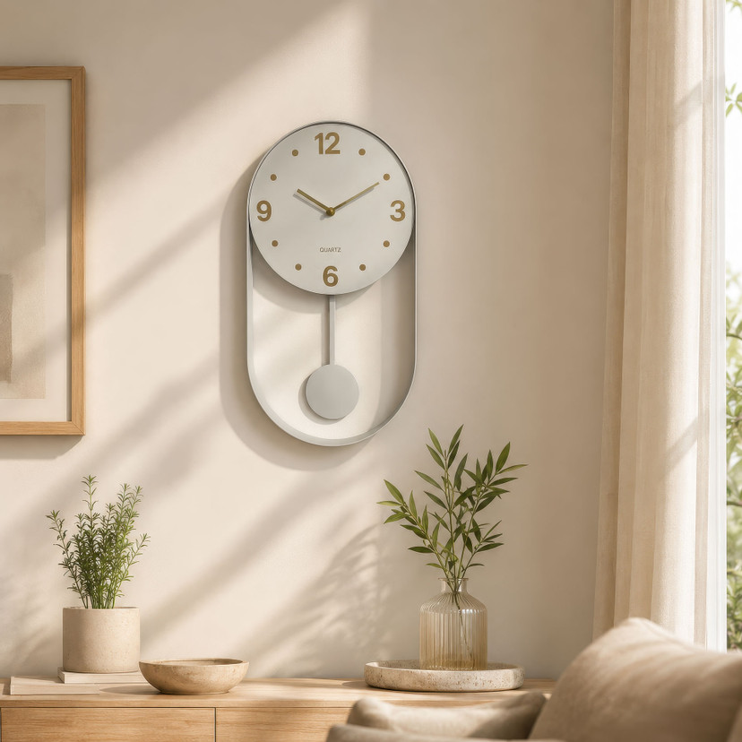 Horloge murale moderne à balancier gris clair avec cadre métallique pour le salon 27x50x4,5 cm
