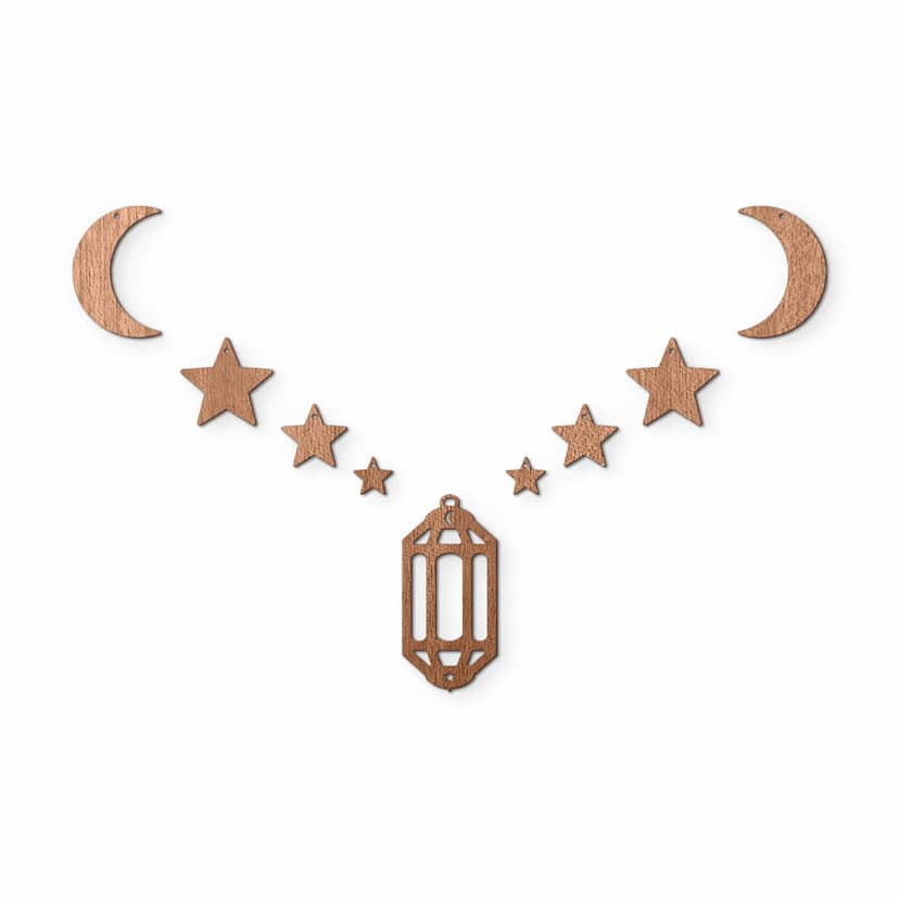 Décoration en bois placage acajou  -  Set pour Ramadan - Lune, étoiles et lanterne