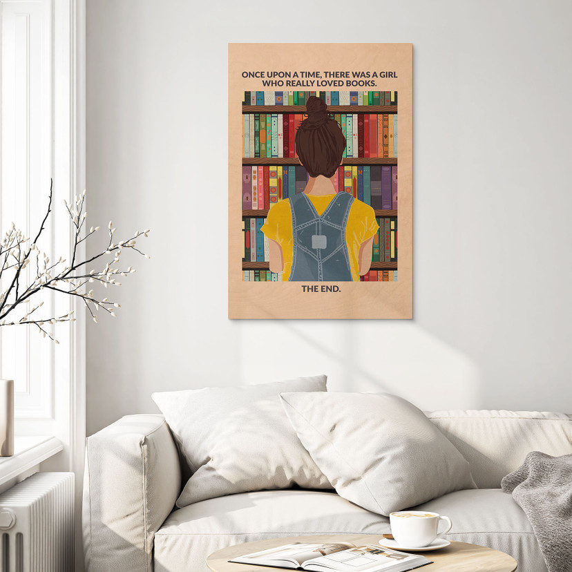 Tableau sur bois Amour des Livres - Fille devant l'Étagère - WallChart Art Studio
