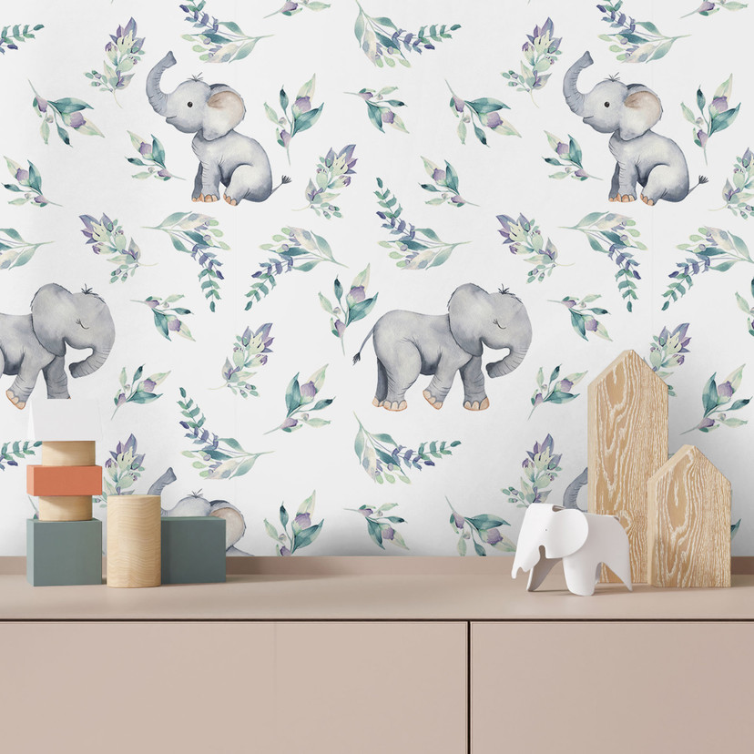 Tapet med mønster til børneværelset - sød babyelefant mellem boho-grene - UN Designs