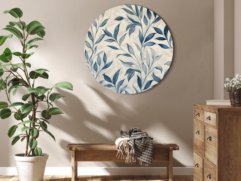 Rundes Leinwandbild Blaue Blätter: Zartes botanisches Motiv