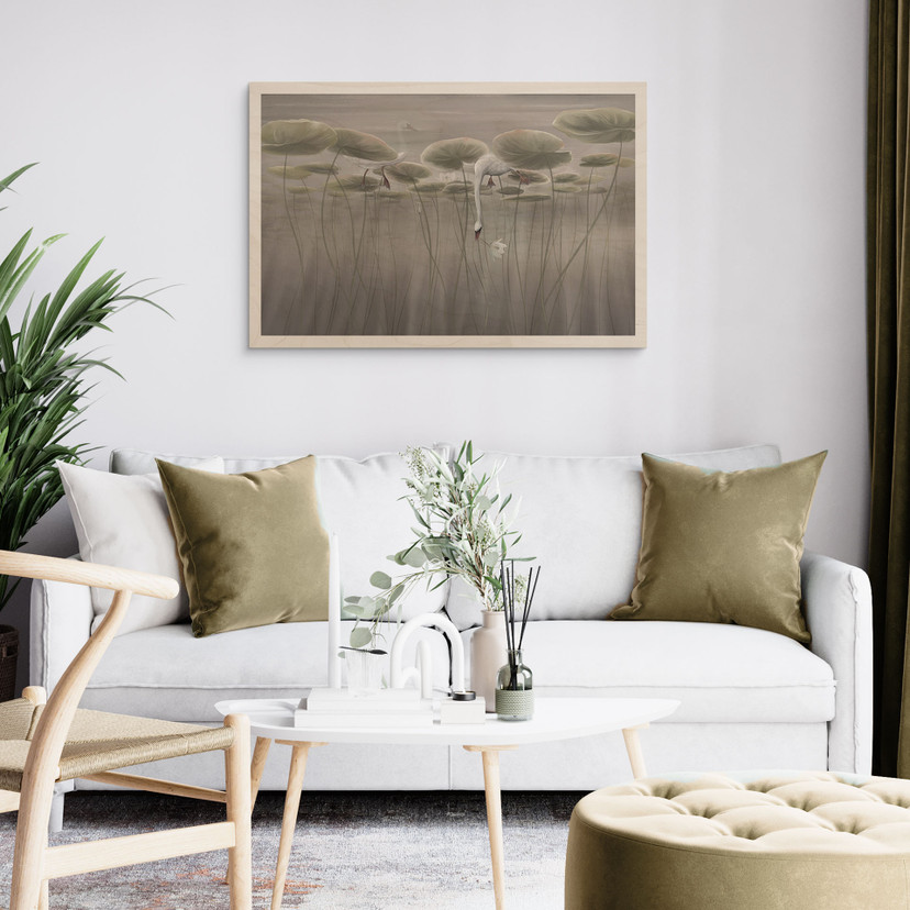 Houten Wanddecoratie lotusbloemen met zwaan in het water in grijs - Ms Tiff