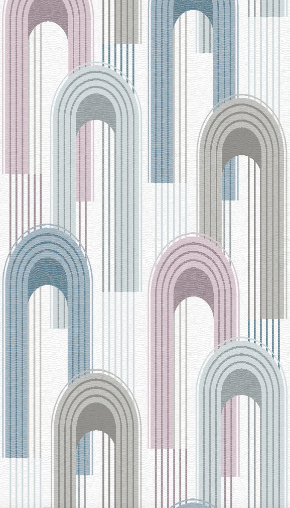 Non-woven tapet med rundbue-motiver i grå, beige, blå grafik