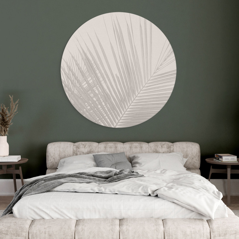 Billede af palmeblade i hørlook - Bloomery Decor - rund – print på aluminium (Alu-Dibond)