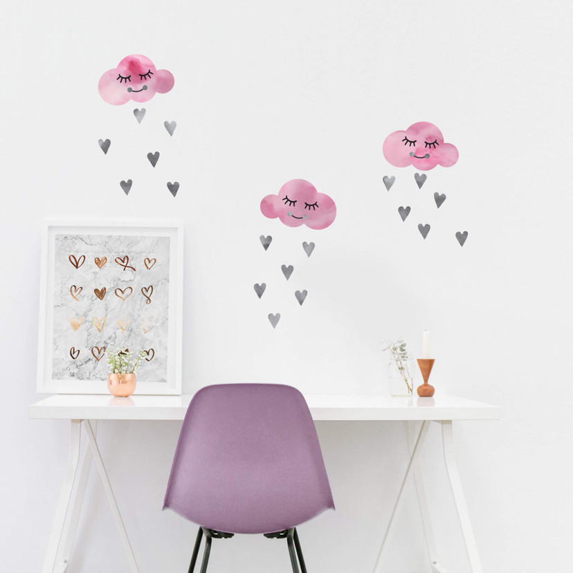 Sticker mural nuages roses et coeurs gris