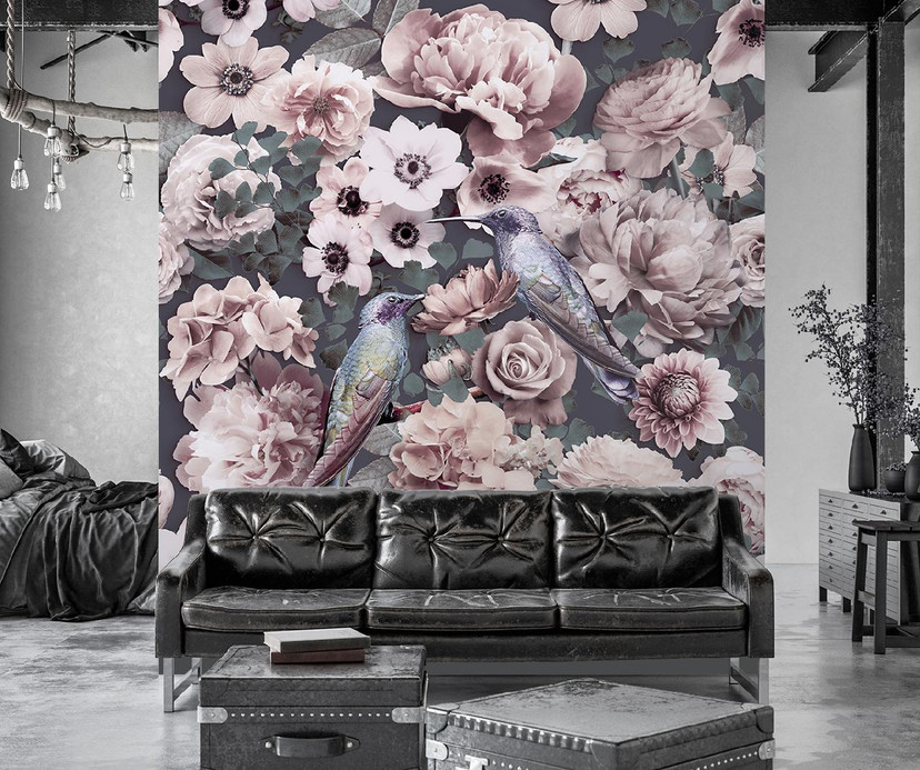 Fototapete, Tropische Vögel Blätter Rosa Blumen Abstrakt - Andrea Haase