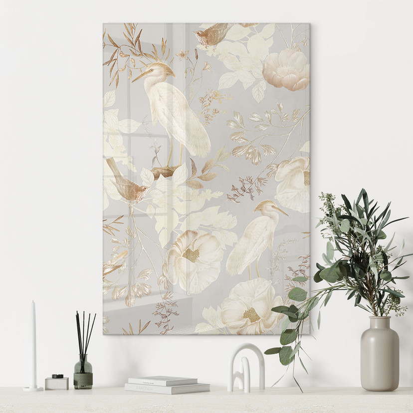 Tableau en verre acrylique oiseaux parmi les fleurs blanches - UN Designs