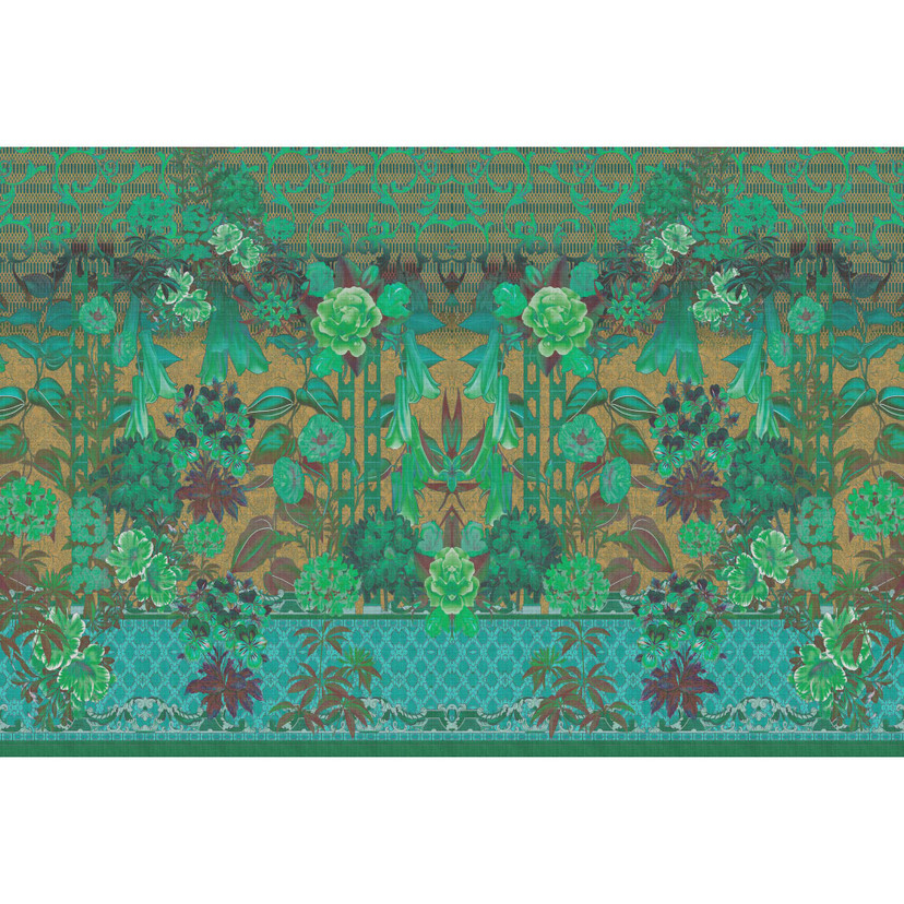 Fototapeta Classic Vintage Floral - zielone akcenty na złotym tle - włóknina