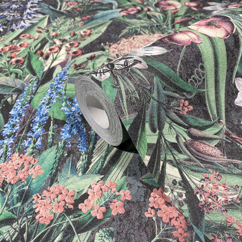 Tapet, non-woven blomstertapet Flora sort, grøn