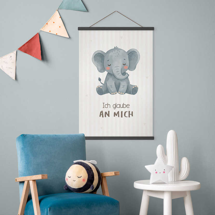 Stoffbild mit Elefant - Glaubenssatz 'Ich glaube an mich' für Kinder