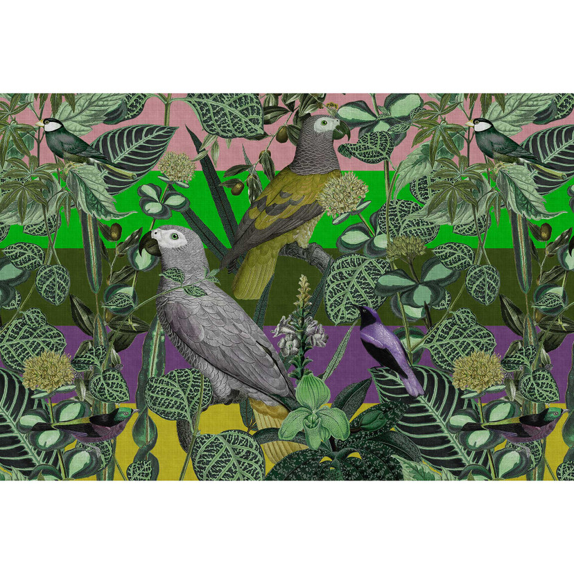 Papier peint perroquet dans les tons verts avec motif végétal - papier peint intissé