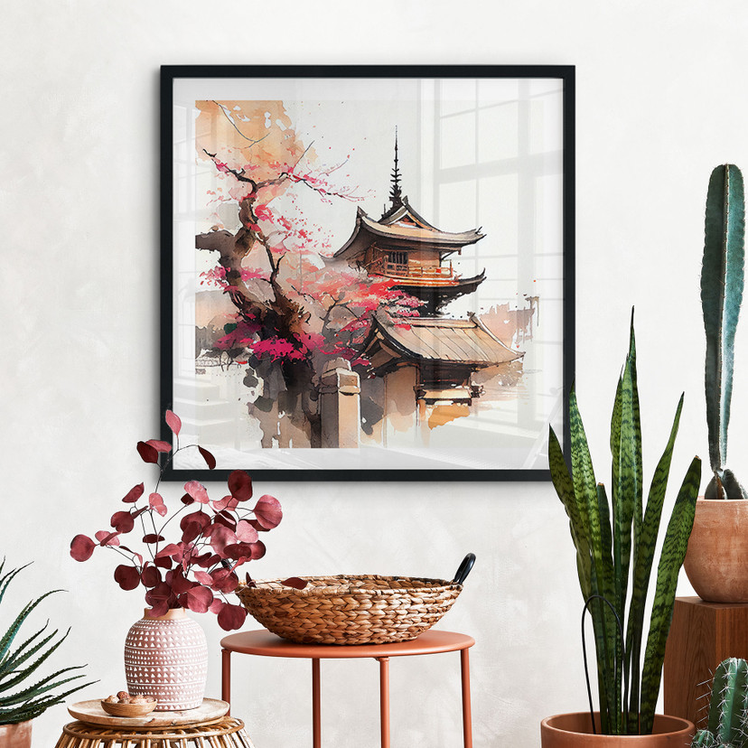 Plakat Japońska pagoda z kwiatami wiśni - Jaszke - Square