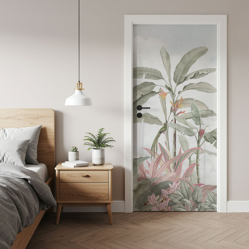 Film de porte Idylle tropicale avec colibri bleu - Bloomery Decor - Décoration de porte autocollante