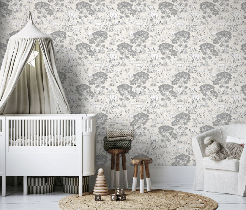 Børnetapet, non-woven tapet med illustration Kids Walls beige, hvid