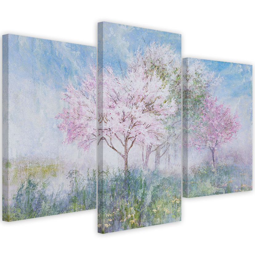 3 stykke lærredstryk, et blomstrende træ på engen