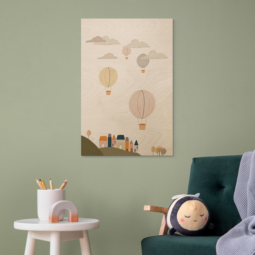 Plakat drewniany Kolorowe balony na gorące powietrze na niebie - Lizbona