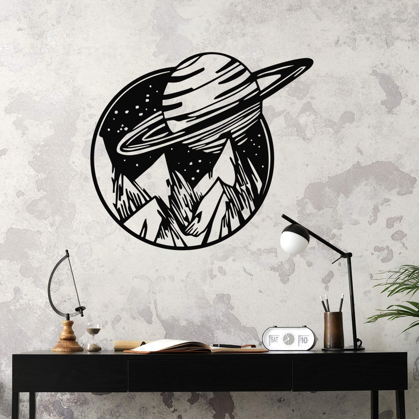 Wandtattoo Weltraum - Saturn über Berglandschaft - Rund